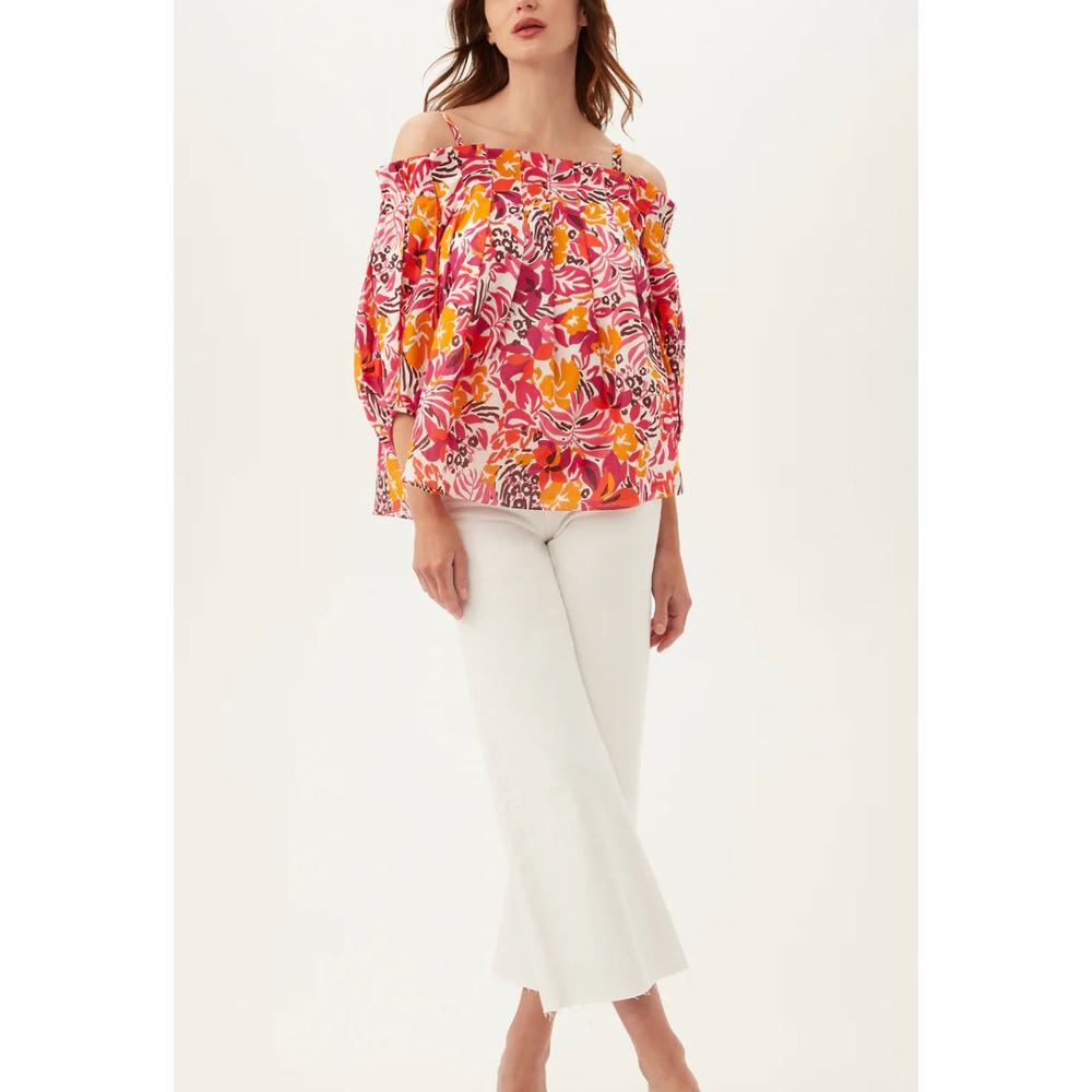 $298 TRINA TURK Salma off-the-shoulder Balloon Blouse | Sz L Orange Pink Floral - Picture 6 of 6